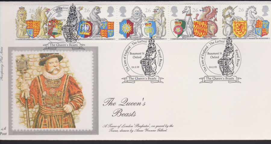 1998 -4d Post FDC- Queen's Beasts - Beaumont St, Oxford Royal Beast Postmark
