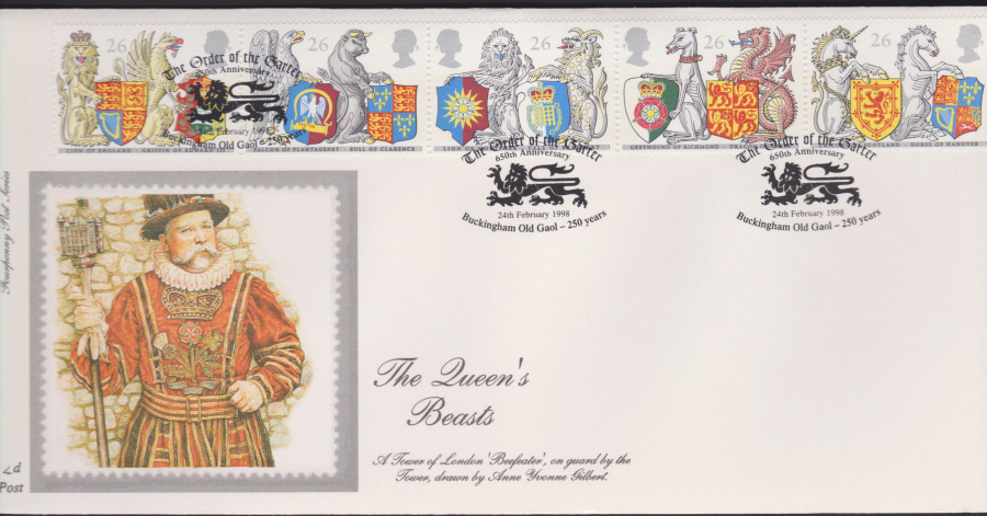 1998 -4d Post FDC- Queen's Beasts - Order of the Garter- Buckingham Postmark