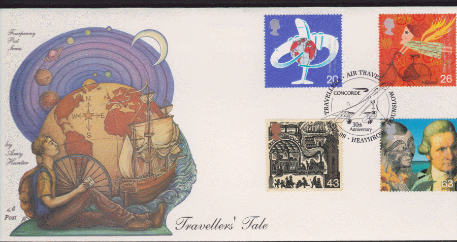 1999 -4d Post FDC- Travellers Tales -Air Travel Heathrow Airport Postmark