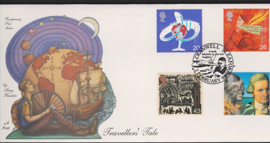 1999 -4d Post FDC- Travellers Tales - Cranwell, Sleaford Frank Whittle Postmark