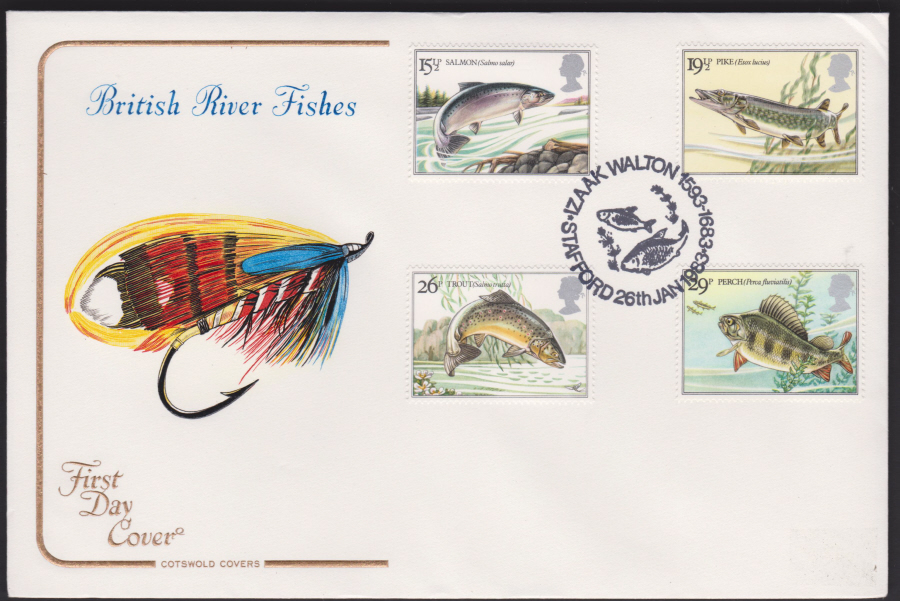 1983 - British River Fish COTSWOLD - Izzak Walton 1593-1683 Stafford Postmark - Click Image to Close