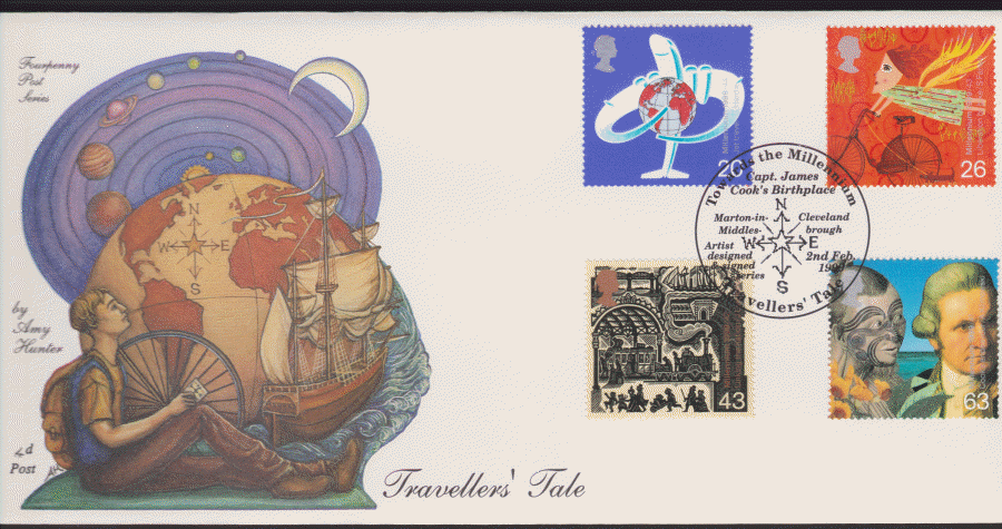 1999 -4d Post FDC- Travellers Tales - Marton-in-Cleveland James Cook Postmark