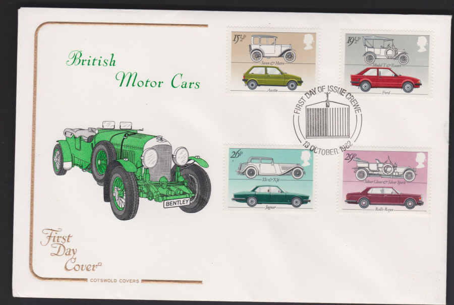 1982 - British Motor Cars COTSWOLD - First Day of Issue, Crewe Postmark