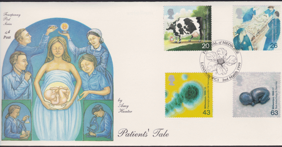 1999 -4d Post FDC- Patients Tales - Festival of Medicine , London WC1 Postmark