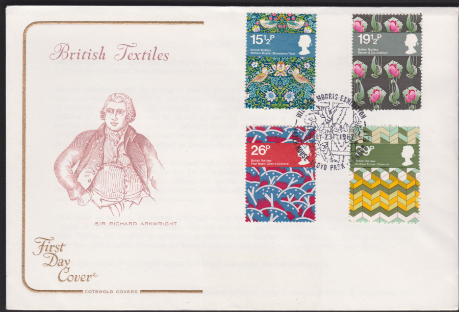 1982 - British Textiles COTSWOLD - William Morris Exhibition,London E7 Postmark - Click Image to Close
