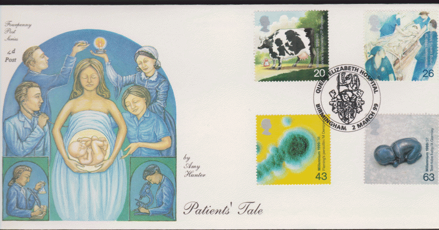 1999 -4d Post FDC- Patients Tales - Queen Elizabeth Hospital, Birmingham Postmark