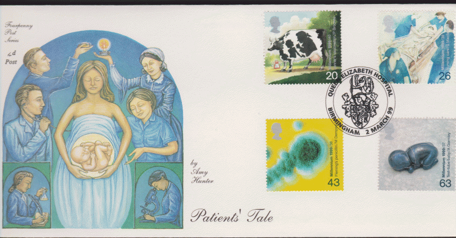 1999 -4d Post FDC- Patients Tales - Queen Elizabeth Hospital, Birmingham Postmark - Click Image to Close