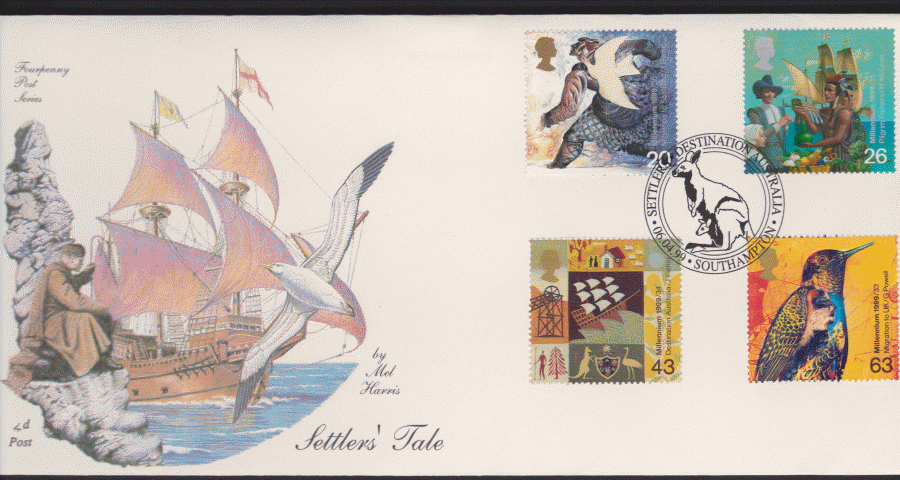 1999 -4d Post FDC- Settlers Tales - Destination Australia, Southampton Postmark