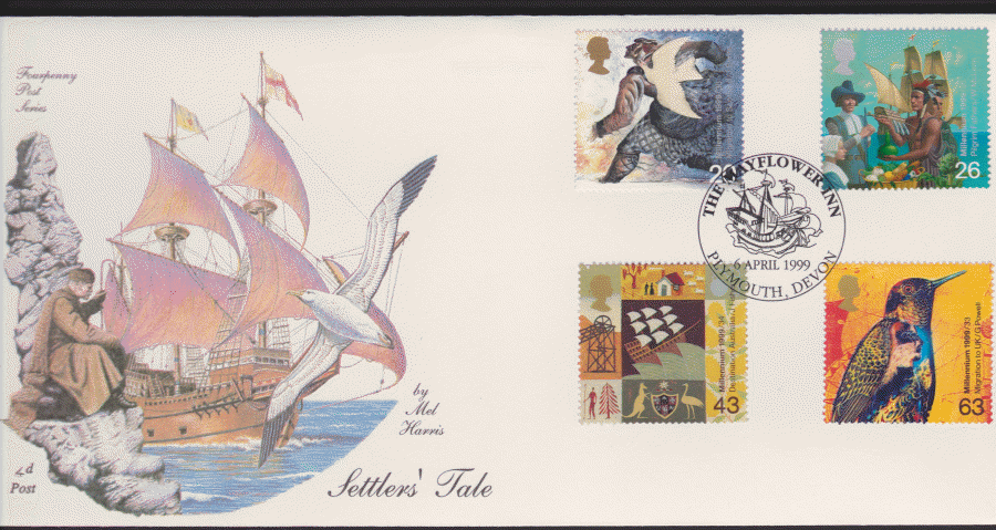 1999 -4d Post FDC- Settlers Tales - Mayflower Inn, Plymouth, Devon Postmark