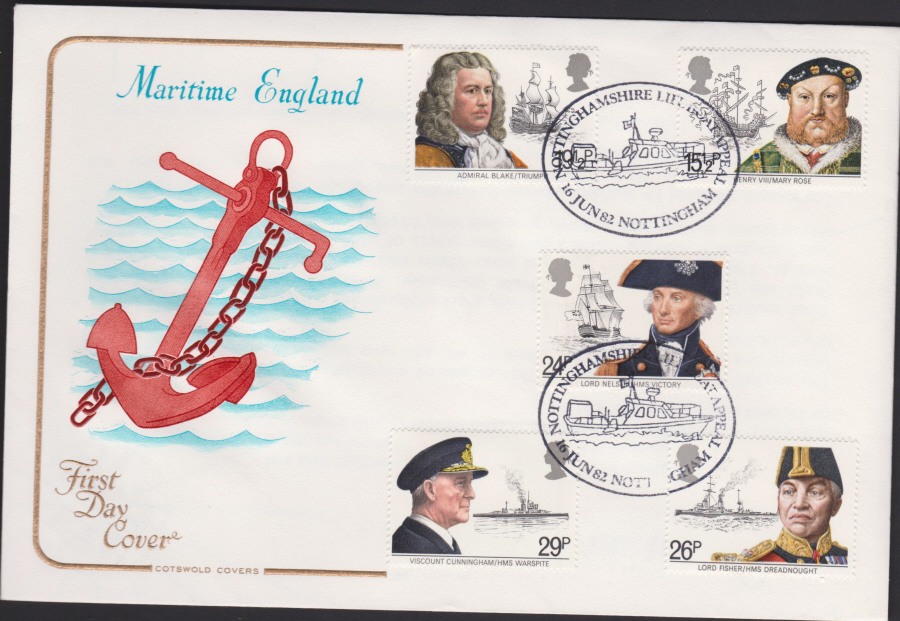 1982 - Maritime Heritage Year OFFICIAL COTSWOLD FDC - Nottinghashire Life Boat Appeal, Nottingham Postmark