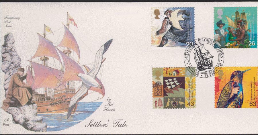 1999 -4d Post FDC- Settlers Tales - Pilgrim Fathers , Plymouth, Postmark