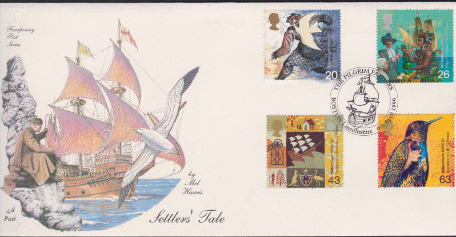 1999 -4d Post FDC- Settlers Tales - Pilgrim Fathers , Boston, Lincs Postmark