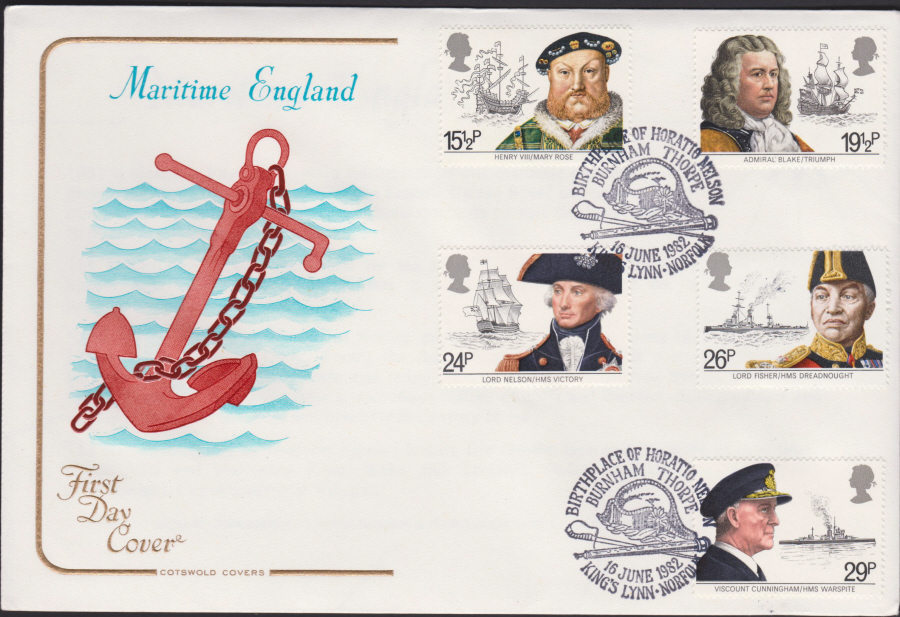 1982 - Maritime Heritage Year COTSWOLD FDC - Postmark :- Birthplace of Horatio Nelson, Kings Lynn - Click Image to Close