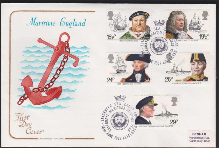 1982 - Maritime Heritage Year OFFICIAL COTSWOLD FDC - Postmark :- Leicester Sea Cadets, Leicester - Click Image to Close