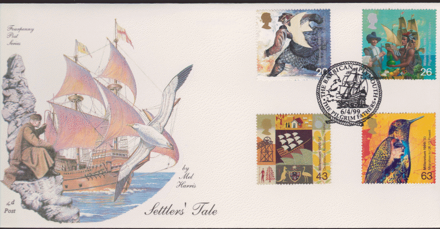 1999 -4d Post FDC- Settlers Tales - Barbican, Pilgrim Fathers , Plymouth, Postmark