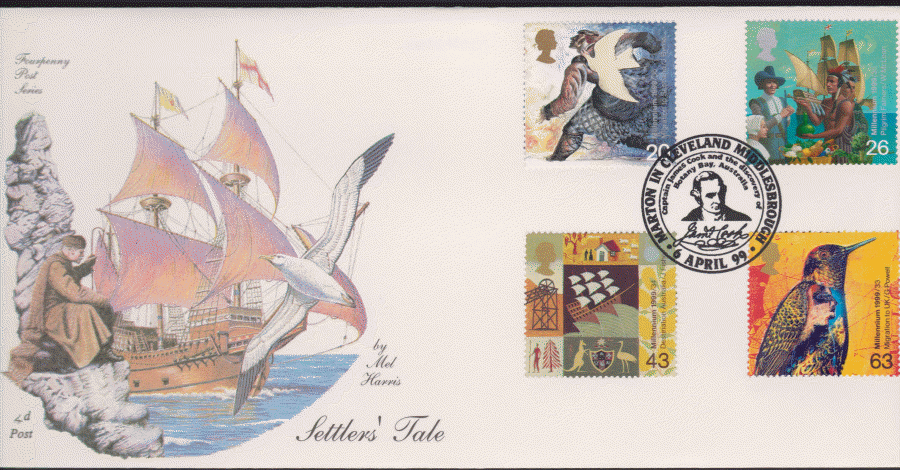 1999 -4d Post FDC- Settlers Tales - Marton in Cleveland James Cook Postmark