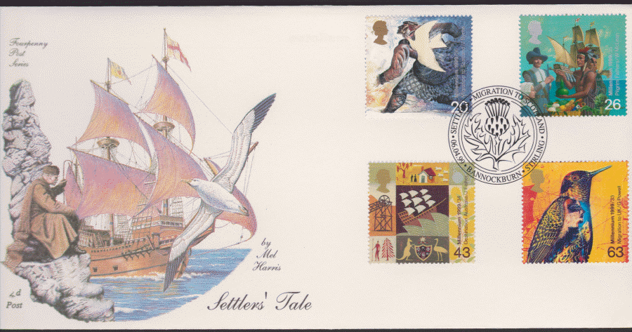 1999 -4d Post FDC- Settlers Tales - Migration to Scotland, Bannockburn Postmark