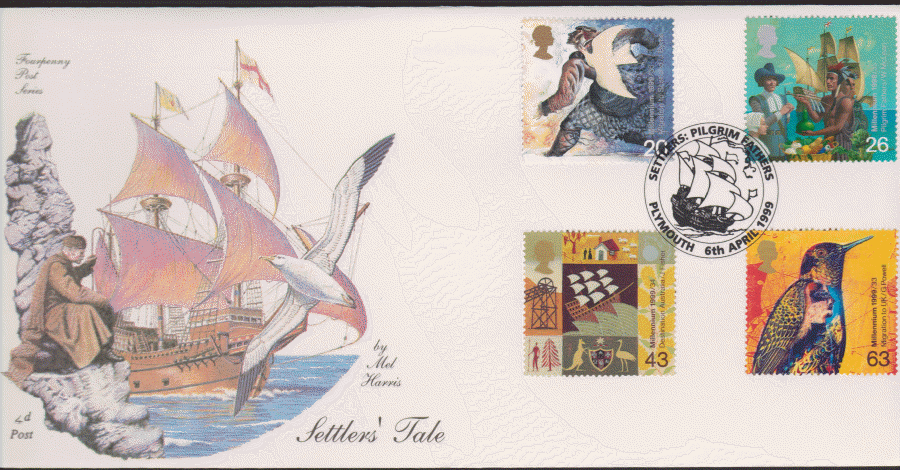 1999 -4d Post FDC- Settlers Tales - Settlers Pilgrim Fathers , Plymouth, Postmark