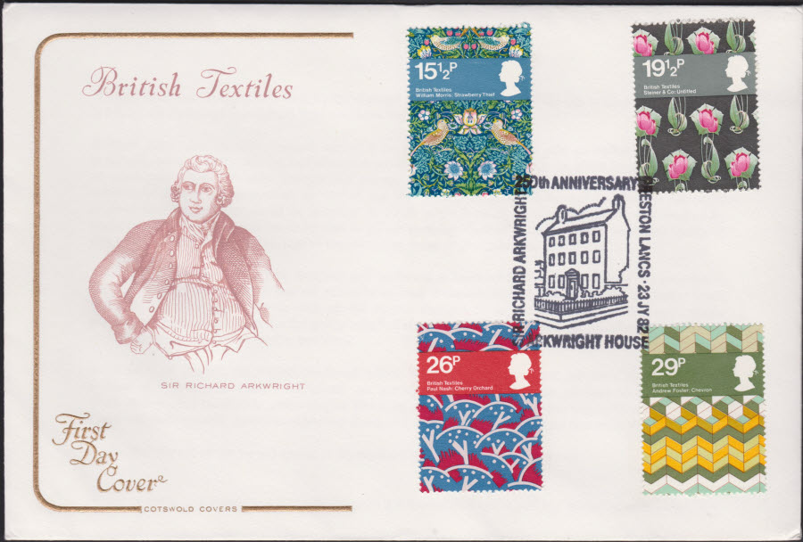 1982 - British Textiles COTSWOLD FDC -Richard Arkwright Preston Postmark