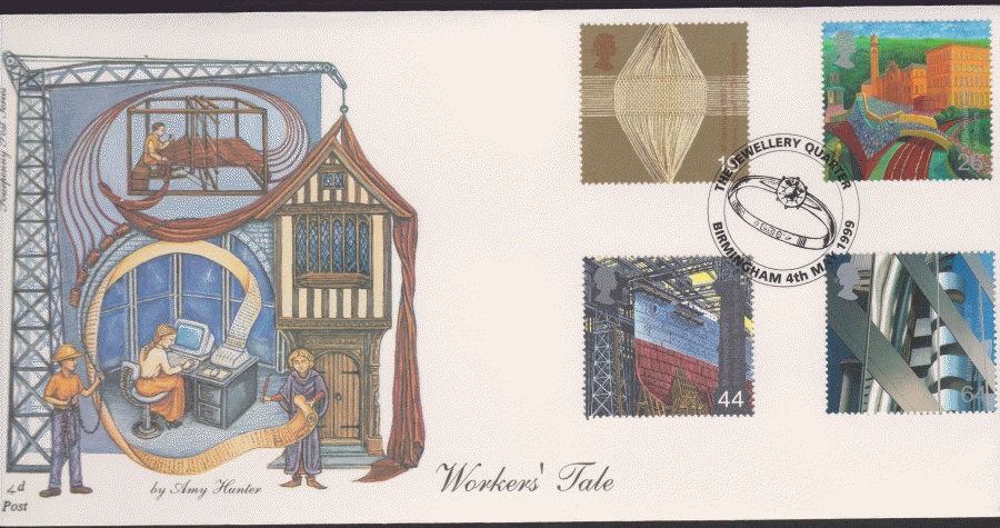 1999 -4d Post FDC- Workers Tales - Jewellery Quarter,Birmingham, Postmark