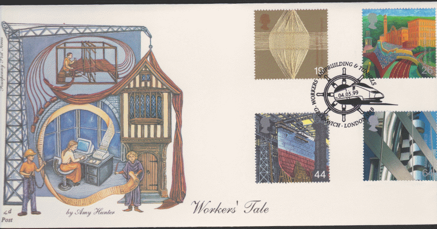 1999 -4d Post FDC- Workers Tales - Buildings & Tunnels, Greenwich, London Postmark