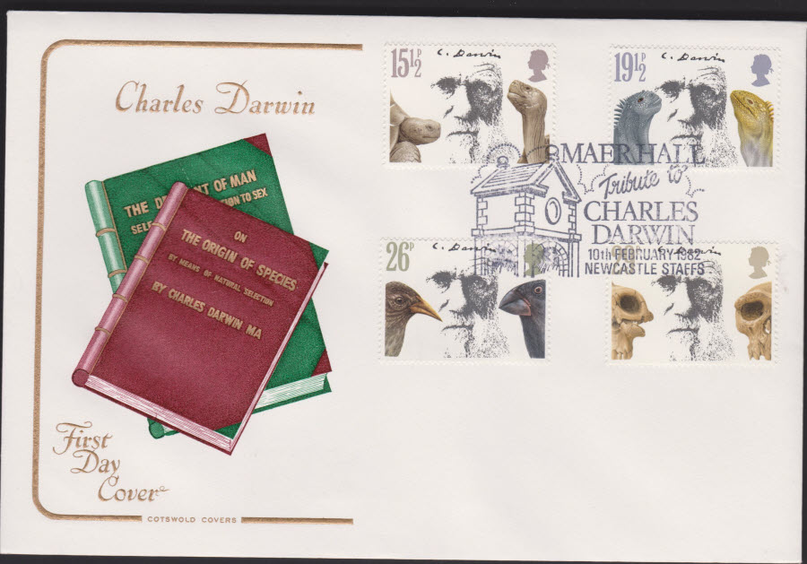 1982 - Charles Darwin COTSWOLD FDC - Maer hall Newcastle Staffs Postmark