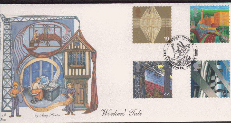 1999 -4d Post FDC- Workers Tales -Financial Trading, City of London Postmark