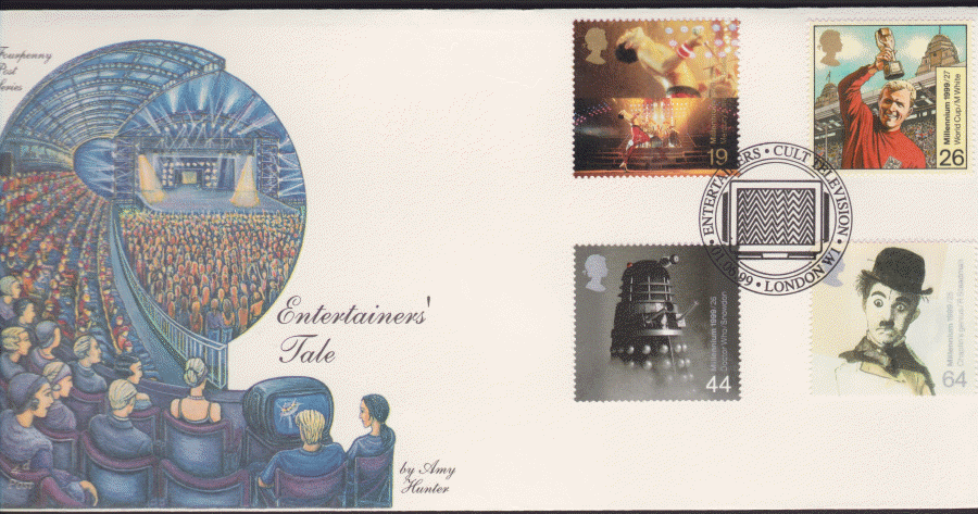 1999 -4d Post FDC- Entertainers Tales -Cult Television, London W1 Postmark