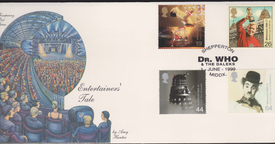1999 -4d Post FDC- Entertainers Tales - Dr Who, Shepperton Postmark