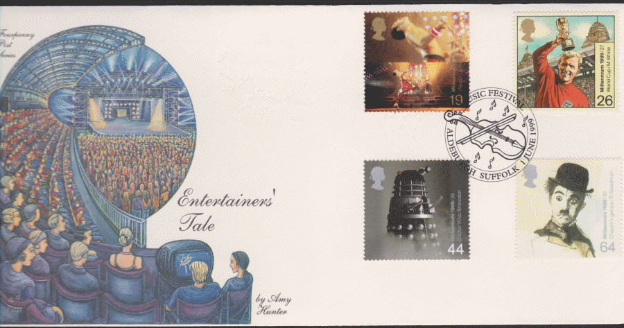 1999 -4d Post FDC- Entertainers Tales - Music Festival, Alddeburg, Suffolk Postmark