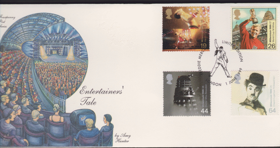 1999 -4d Post FDC- Entertainers Tales - Freddie Mercury London Postmark