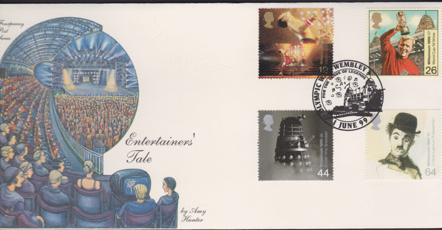 1999 -4d Post FDC- Entertainers Tales - Olympic Way, Wembly Postmark