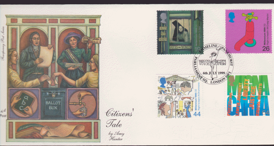 1999 -4d Post FDC- Citizens Tales - Votes for Women, Parliament Sq London Postmark