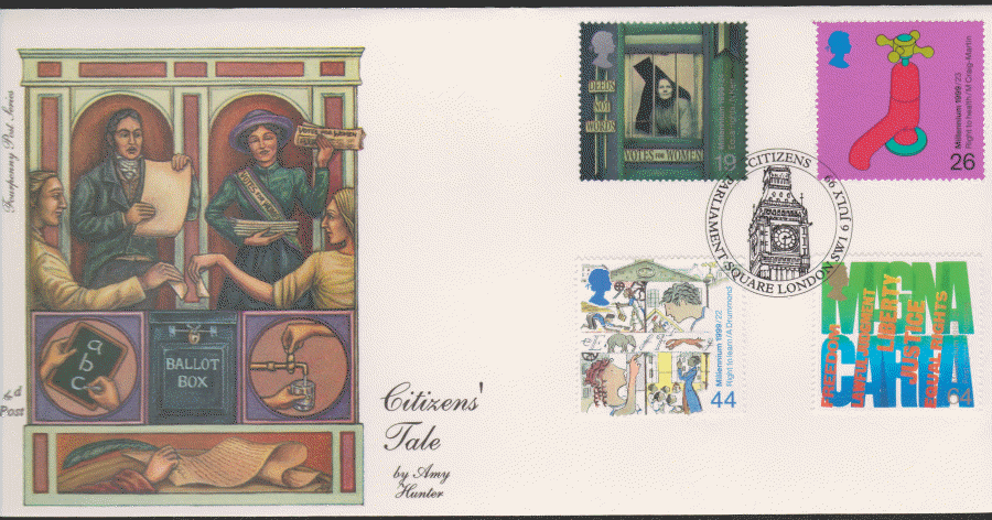 1999 -4d Post FDC- Citizens Tales - Parliament Square, London SW1 Postmark