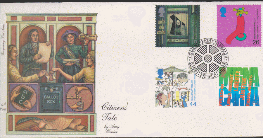1999 -4d Post FDC- Citizens Tales - Right to Health, Enfield Postmark
