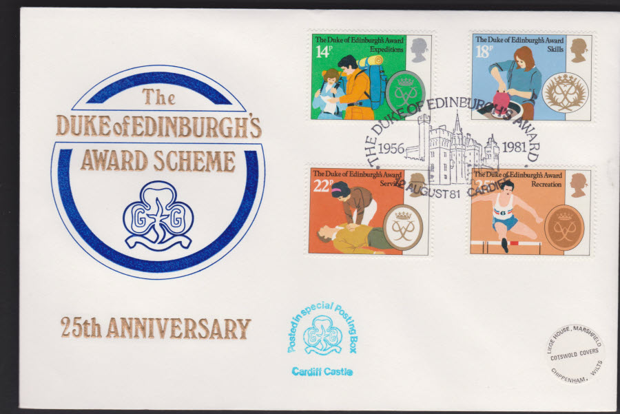 1981 - Duke Of Edinburgh Awards OFFICIAL COTSWOLD FDC -Cardiff Castle Postmark - Click Image to Close
