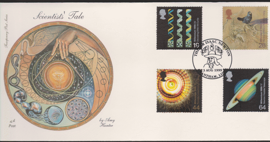 1999 -4d Post FDC- Scientists Tales - Isaac Newton, Grantham, Lincs Postmark