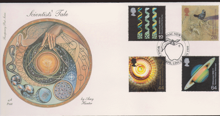 1999 -4d Post FDC- Scientists Tales - Isaac Newton, Woolsthorpe, Lincs Postmark