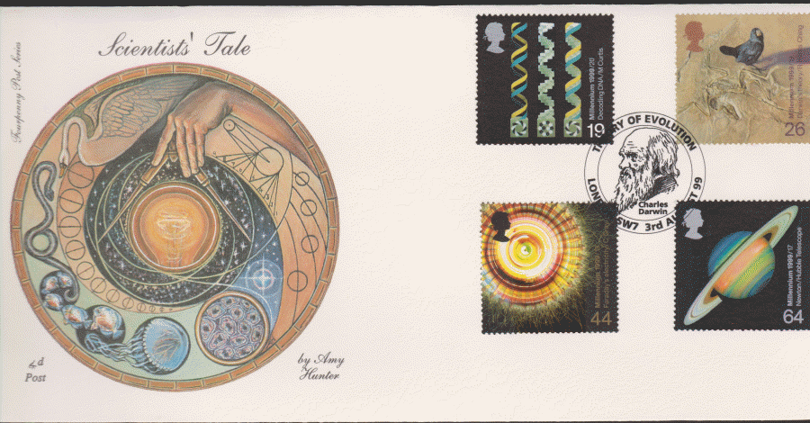 1999 -4d Post FDC- Scientists Tales - Story of Evolution, London SW7 Charles Darwin Postmark