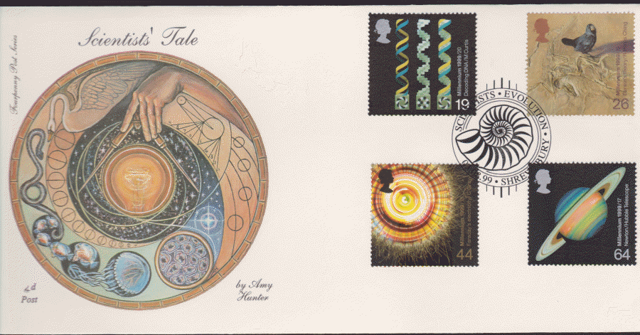 1999 -4d Post FDC- Scientists Tales - Evolution,Shrewsbury Postmark