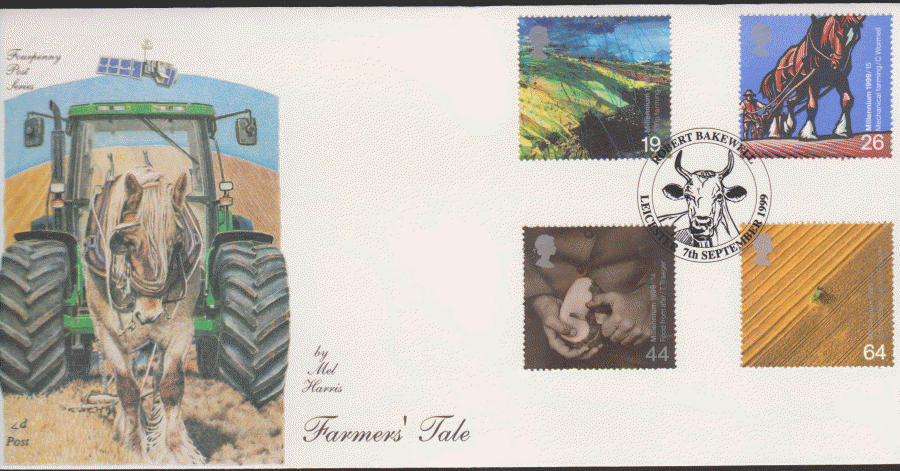 1999 -4d Post FDC- Farmers Tales -Robert Bakewell, Leicester Postmark