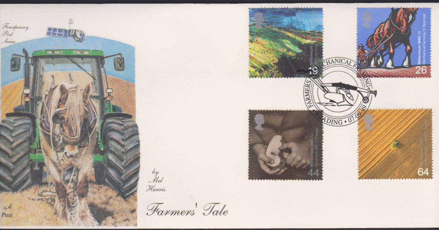 1999 -4d Post FDC- Farmers Tales -Mechanical Farming, Reading Postmark