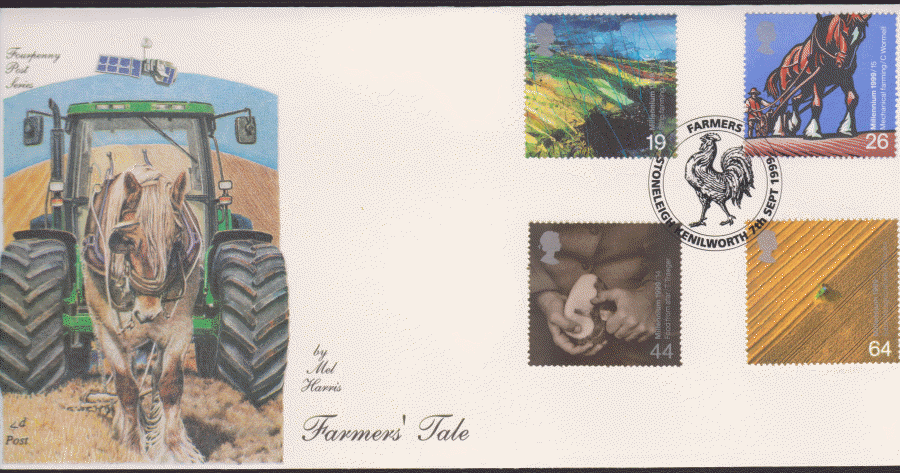 1999 -4d Post FDC- Farmers Tales - Farmers, Stoneleigh, Kenilworth Postmark