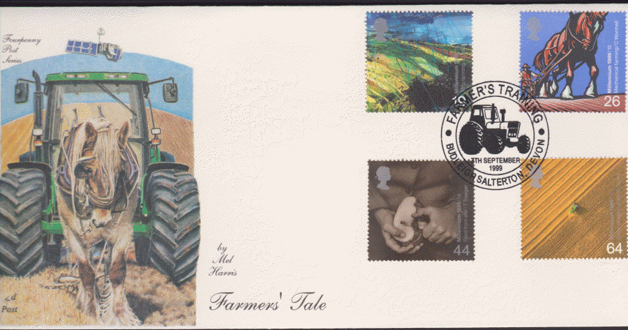 1999 -4d Post FDC- Farmers Tales -Farmer's Training, Buddleigh Salterton Postmark