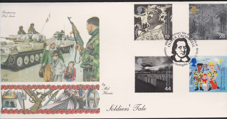 1999 -4d Post FDC-Soldiers Tales - 400 Anniver. Oliver Cromwell Huntingdon Cambs Postmark - Click Image to Close