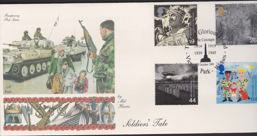 1999 -4d Post FDC-Soldiers Tales - The Cenotaph, Victoria Park, Widnes Postmark