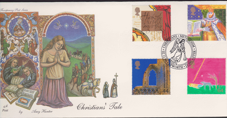 1999 -4d Post FDC- Christians Tales -Methodism Epworth, Doncaster Postmark - Click Image to Close