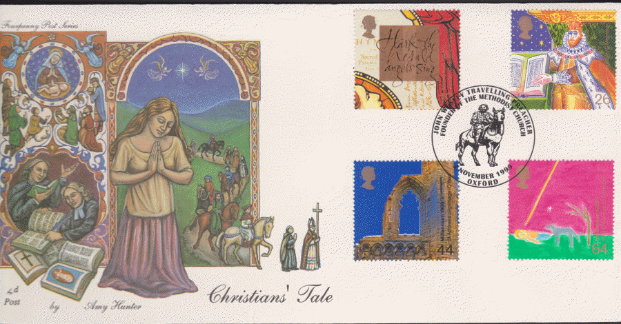1999 -4d Post FDC- Christians Tales -John Wesley,Oxford Postmark