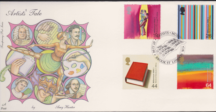 1999 -4d Post FDC- Artists Tales - Music, Brook St London W1 Postmark - Click Image to Close