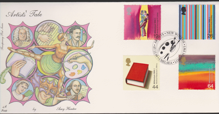 1999 -4d Post FDC- Artists Tales - New Worlds, Chelsea, London SW3 Postmark